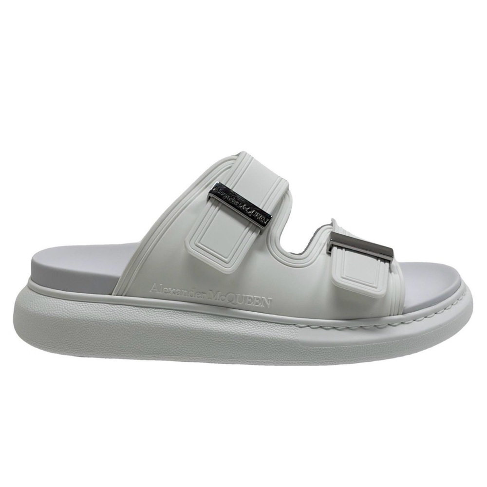 Alexander McQueen White Logo Rubber Slides with Branded Metal Accent